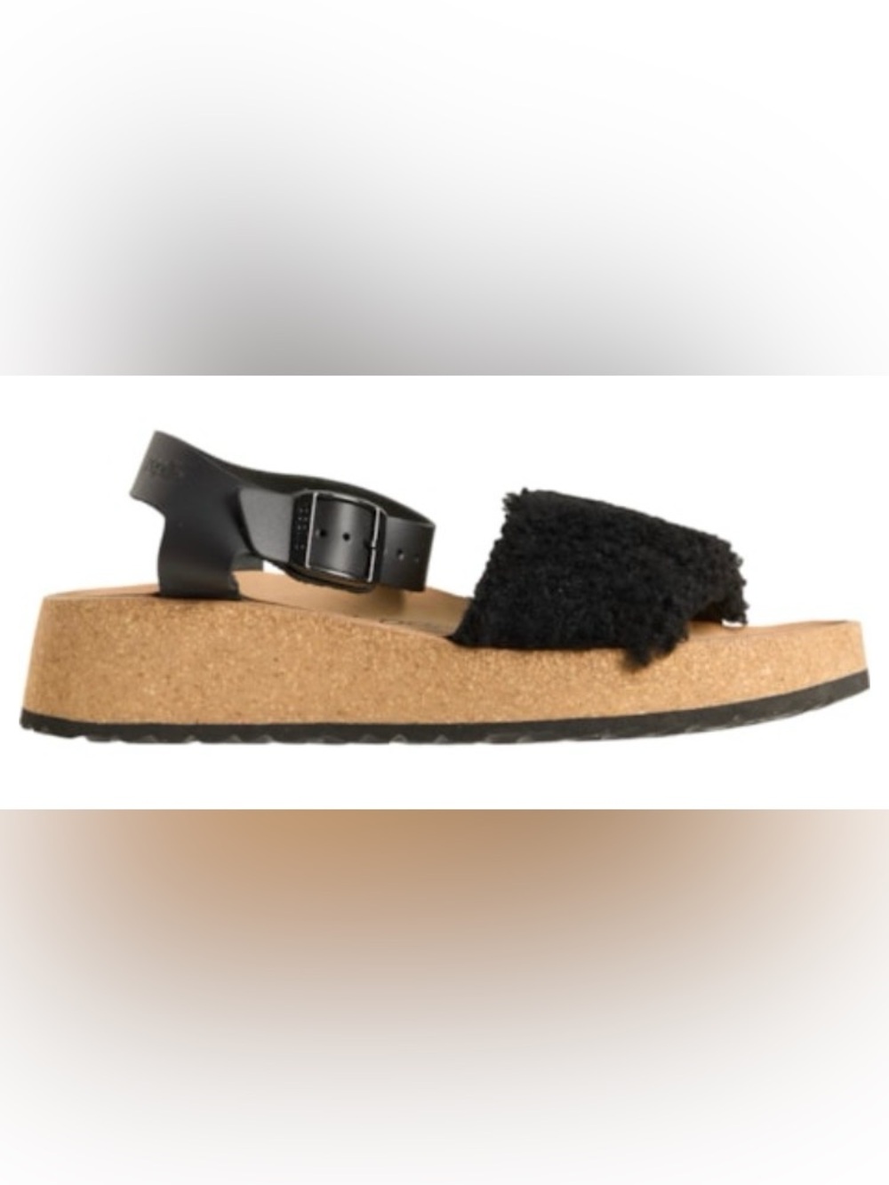 Papillio by Birkenstock Black Fuzzy Cork Platform Sandal with Ankle Strap